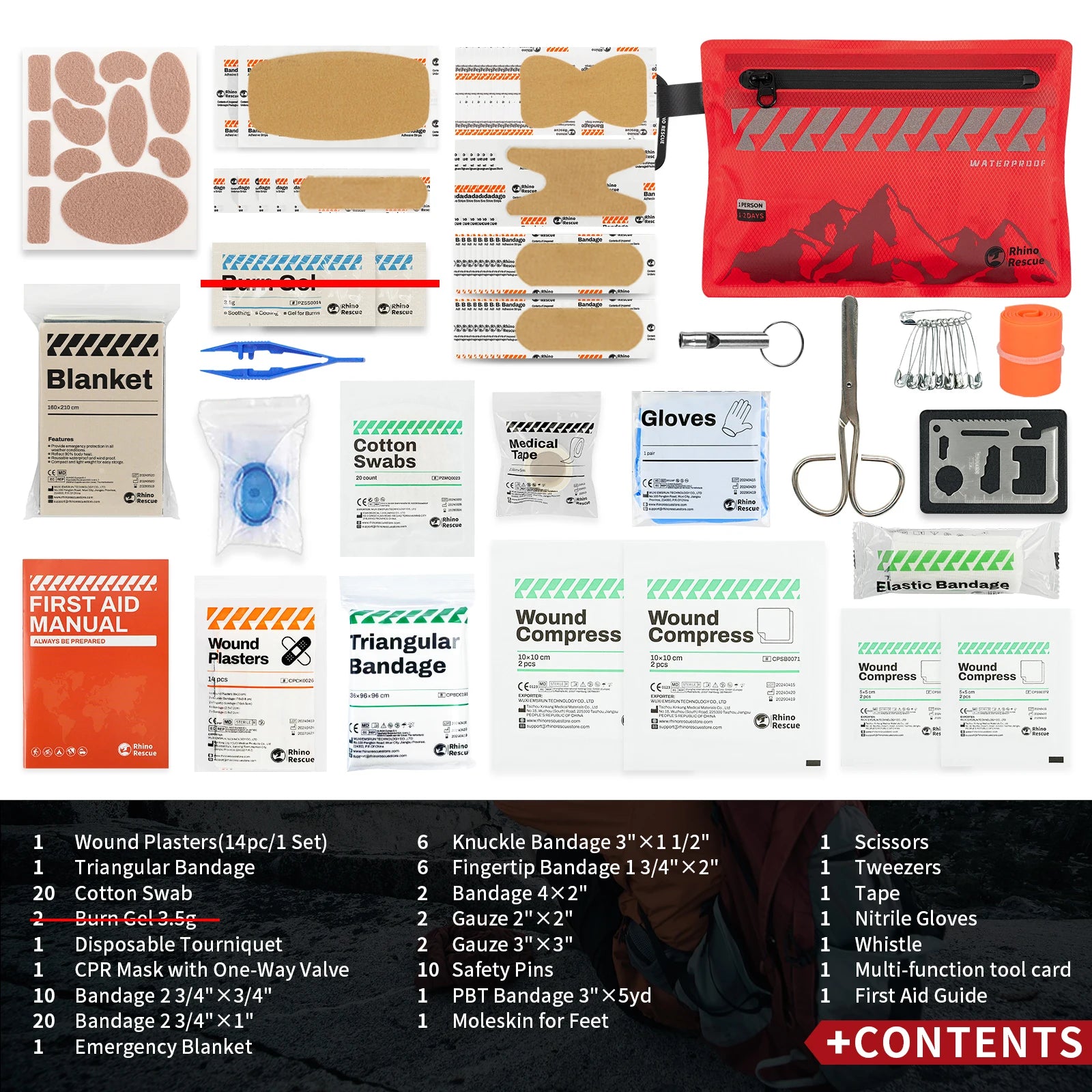 Rhino Rescue Kleines Erste-Hilfe-Set – Ultraleichtes wasserdichtes Medizinisches Notfallset für Wandern, Rucksackreisen, Radfahren, Reisen und Fahrzeuge