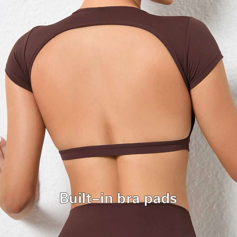 Hearuisavy Sommer Personalisierbare Sportshirts Workout Sportbekleidung Rückenloses Yoga-Kleidungsstück Brustpolster Sport Crop Tops Gym Top Damen