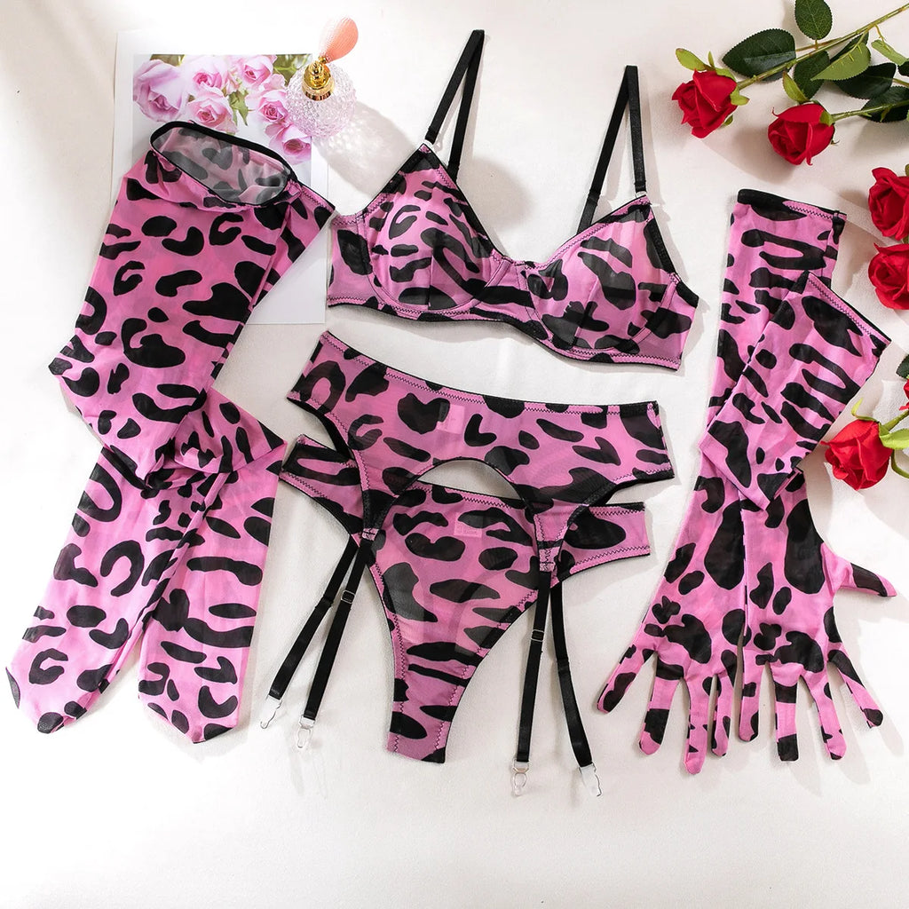 Sexy Perspektive Brustraffer Bedruckter Dessous-Set mit Handschuhen und Bein-Set für Damen, fünfteiliges Set, Damen Fun-BH- & Slip-Sets