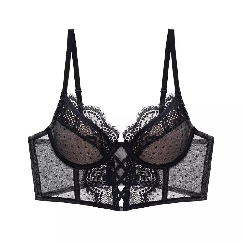 Französische Spitze Push-Up-Dessous-Set Frau dünner Bügel-BH, durchsichtige geraffte Chemise, weich, zierlich, kleine Oberweite S-XL Hot Sale