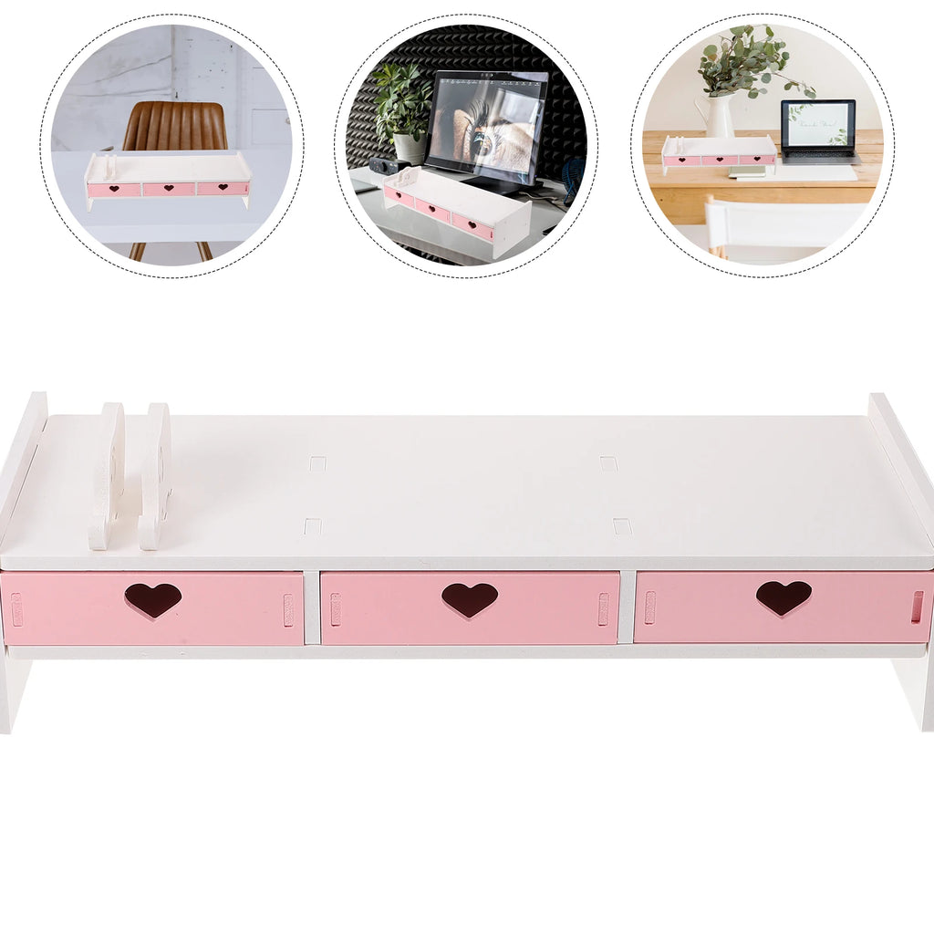 White Pink Computer Heightened Shelf Stand Lapdesk with Drawer Computer Desktop Organizer Office Riser Monitor Bracket Stand