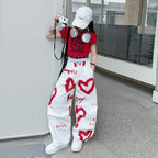 2026 Sommer Frühling Teenager Trainingsanzug Mädchen Kleidung Herz Graffiti 1 T-Shirt Oberteil oder lange weite Beinhose Kind 4 6 7 8 9 10 12 14 Jahre