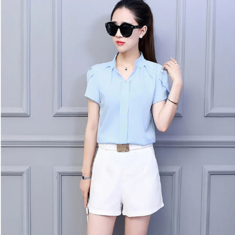 Damen Casual Chiffon Hemd Sommer Kurzarm Elegante Bluse Damen Formelle Büro Chiffon Tops Einfarbig Locker geschnittene Oberteile Zweitbild