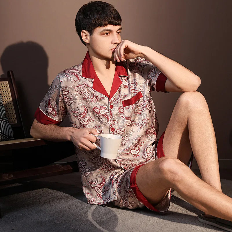 Hochwertiger Pyjama-Anzug Herren Sommer Kurzarm Shorts Eisseide Nachtwäsche Herren Sommer Große Größe Einfaches Freizeit-Loungewear-Set