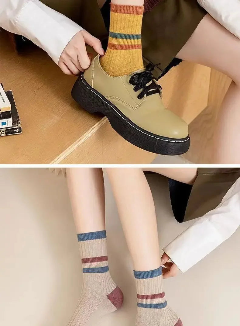 5 Paar gestreifte Socken für Damen, bequem, weich, mittellang, Winter, Harajuku, lustige Freizeitsocken, Damenstrümpfe, Strumpfwaren