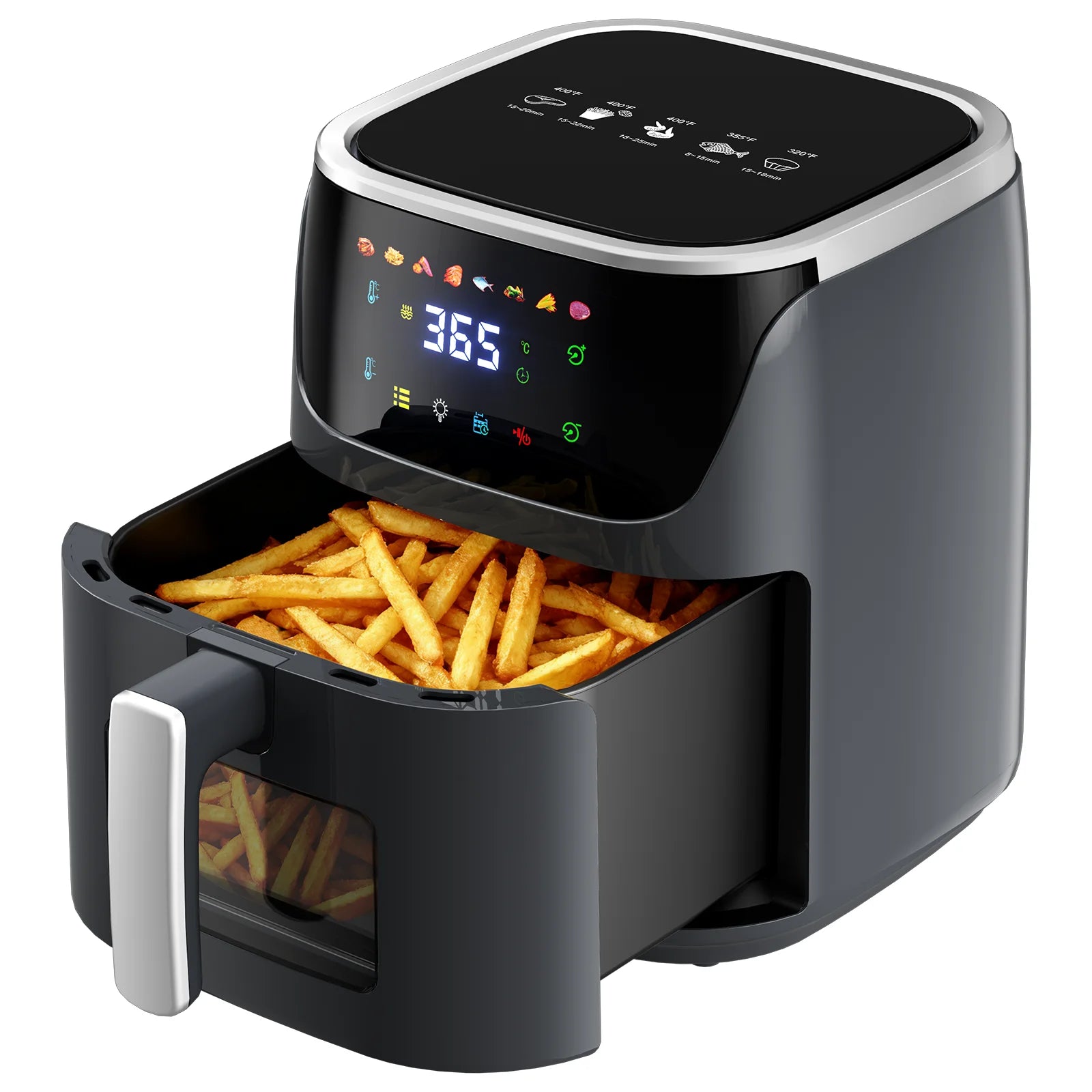 Patbrela Sichtbare Heißluftfritteuse 7,0 l 8-in-1 Max. 200 °C Elektrischer Heißluftofen Öllose Fritteuse mit Touchscreen, antihaftbeschichtetem Korb, Familiengröße