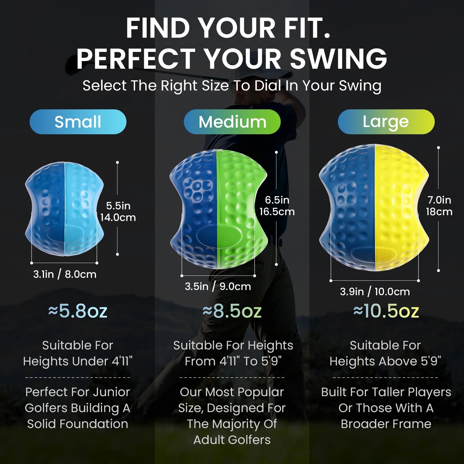 Golf Smart Ball Trainingshilfe mit verstellbarem Schlüsselband, tragbarer Impact Swing Trainer, Haltungskorrekturhilfe mit 3 Größen S/M/L