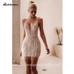 Lakshmigown Sexy Hochzeitskleid mit tiefem V-Ausschnitt für die Braut, rückenfrei, Federn, Brautkleid, Vestido De Novia, glänzend, individuell anpassbar