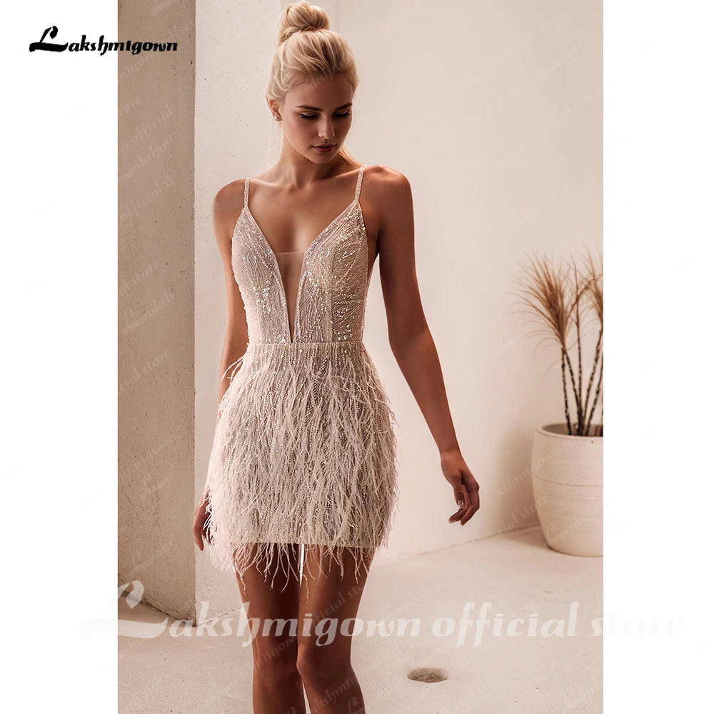 Lakshmigown Sexy Hochzeitskleid mit tiefem V-Ausschnitt für die Braut, rückenfrei, Federn, Brautkleid, Vestido De Novia, glänzend, individuell anpassbar