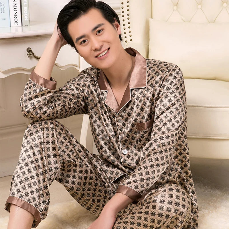 Hochwertiges Pyjama-Set Herren Frühling Herbst Dünn Polyester Eisseide Langarm Schlafanzug Übergröße Sommer Hauskleidung Männlich