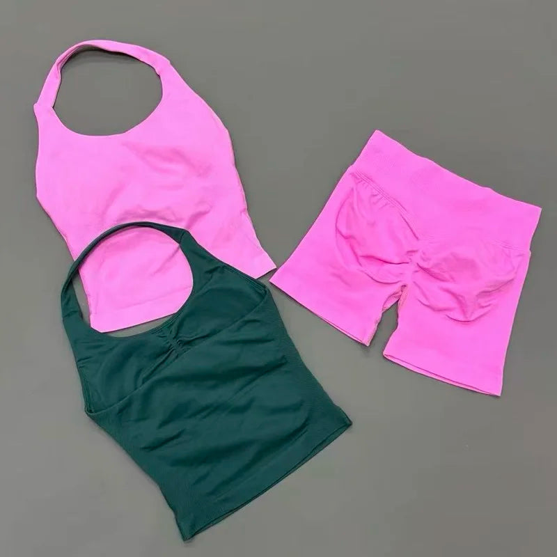 2pcs Sports Set Women Backless Tank Tops High Waist Scrunch Seamless Shorts Fitness Clothes Activewear Workout Sets Gym Suit Secondary image