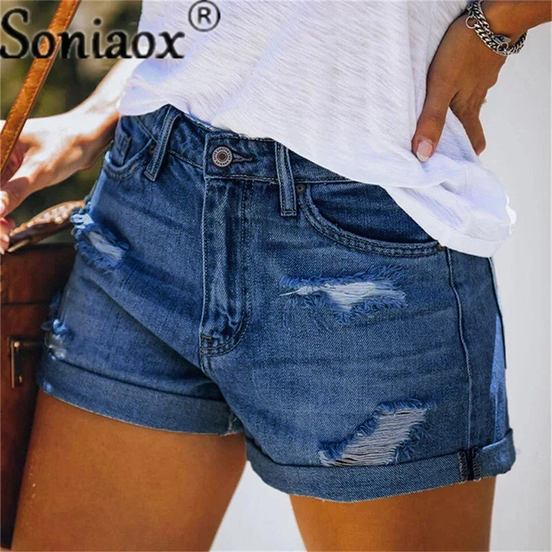 2024 Sommer neue Damen-Crimp-Knopfleiste Stretch Sexy Loch Jeans-Shorts High Waist Skinny Streetwear Trendige Ripped Denim-Shorts