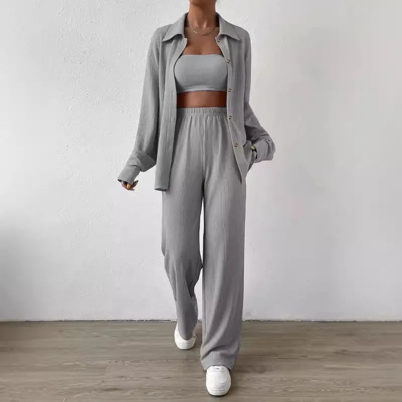 Große Größen Casual Locker Zweiteiler Weites Bein Hose Langarmshirt Hellbeige Street Style Elegant Qualität Polyester Somm...