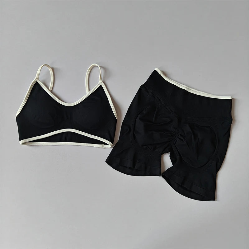 2-TEILIGER Yoga-Anzug Nahtlos mit Brustpolster Enge Sport-BHs und High-Waist-Shorts zum Draußen Tragen, Laufen, Training, Fitness, Yoga-Set