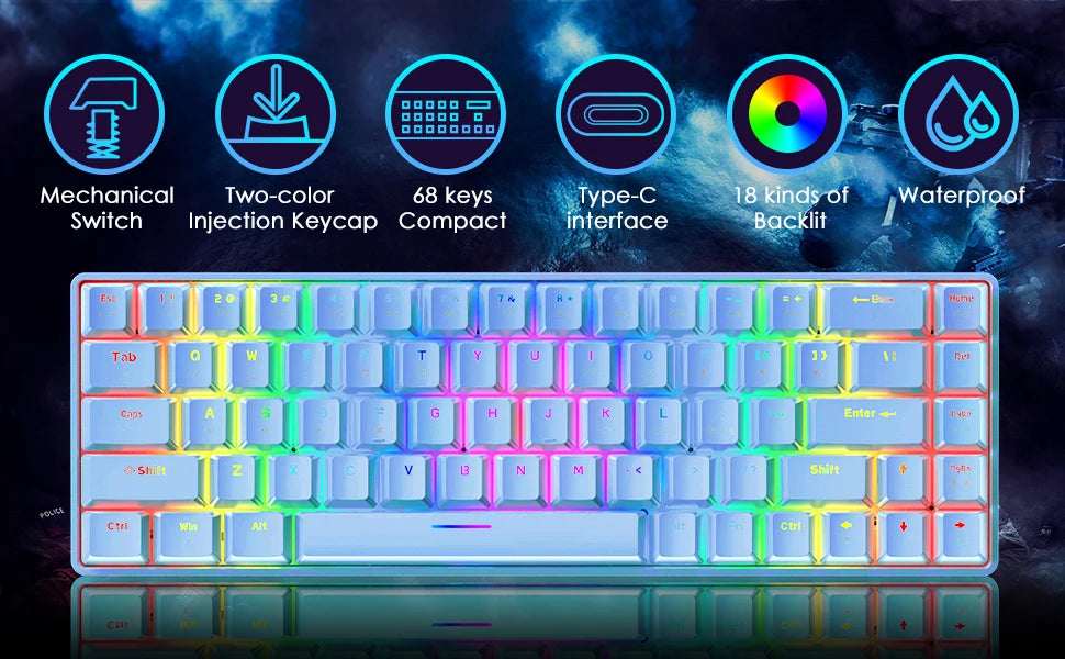 65 % kabelgebundenes mechanisches Gaming-Tastatur- und Maus-Combo, Mini-Tastatur mit 68 Tasten, RGB-Hintergrundbeleuchtung, leichte optische RGB-Wabenmaus