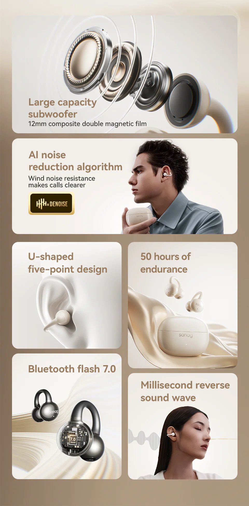 Sanag Z60S Ohrclip-Kopfhörer OWS HiFi-Sound Open-Ear-Ohrhörer Audífonos Bluetooth Kabellose Kopfhörer Flash-Sale Headset