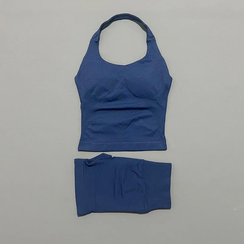 2-teiliges Sportset Damen Rückenloses Tanktop Hohe Taille Scrunch Nahtlose Shorts Fitnesskleidung Activewear Trainingssets Gym Anzug