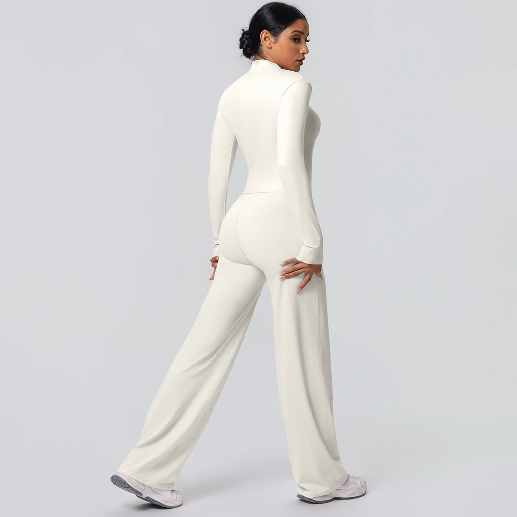 2-teiliges schnelltrocknendes Sport-Fitness-Bekleidung Yoga-Set Damen Yoga Reißverschluss Langarm High Waisted atmungsaktive weite Hose Set