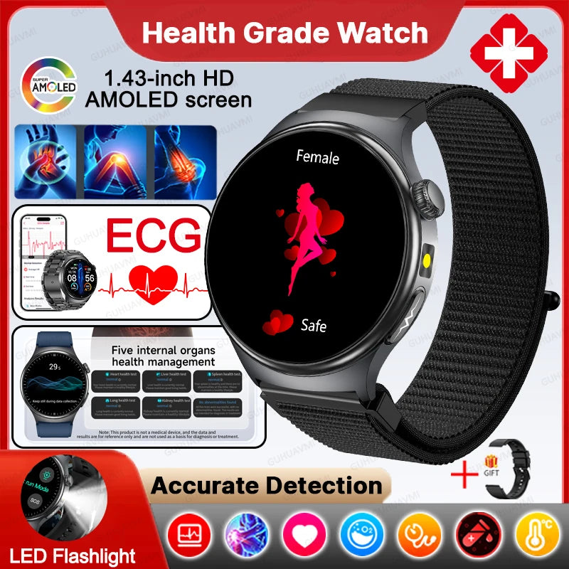 Neue genaue EKG-Smartwatch, Blutfettwerte, Fünf-Organe-Gesundheitscheck, Körpertemperatur, BT-Anruf, Sport-Smartwatches für Herren 2026