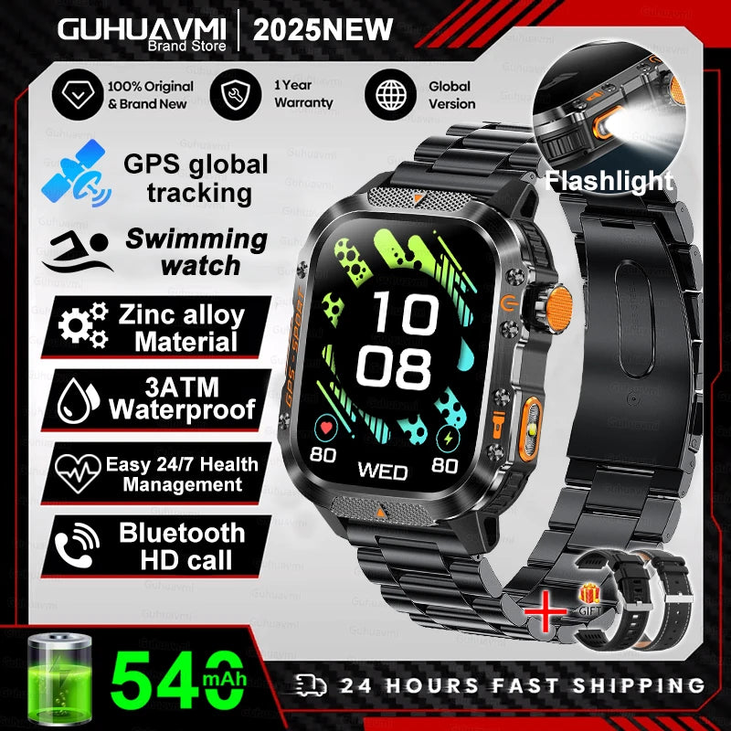 2025Neue GPS Smartwatch für Xiaomi IOS Militärkompass Taschenlampe Smartwatch Herren 10ATM Wasserdicht 100+Sportmodi BT Anruf Uhr