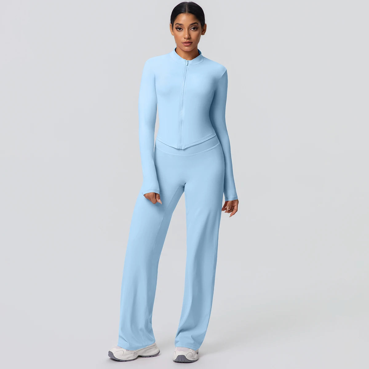 2-teiliges schnelltrocknendes Sport-Fitness-Bekleidung Yoga-Set Damen Yoga Reißverschluss Langarm High Waisted atmungsaktive weite Hose Set