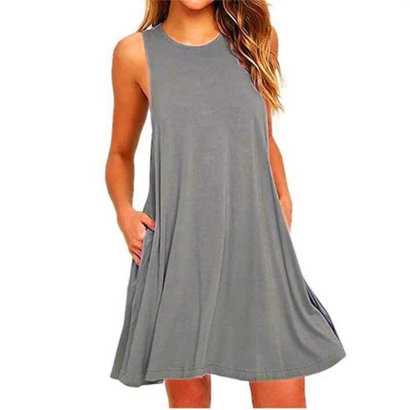Damenkleid Sommer Freizeit T-Shirt Kleider Strandüberzug Einfarbig Plissee Tanktaschen Kleid