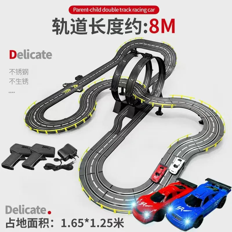 Elektrische ferngesteuerte Slot-Car-Rennbahn, groß, 2 Spieler, wettbewerbsfähig, Dual-Modus, ferngesteuert, einstellbar, Spleißen, Kinder-Erwachsenen-Geschenkset