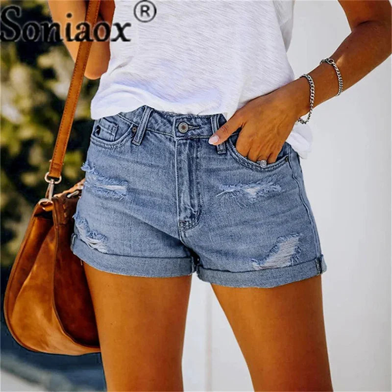 2024 Sommer neue Damen-Crimp-Knopfleiste Stretch Sexy Loch Jeans-Shorts High Waist Skinny Streetwear Trendige Ripped Denim-Shorts