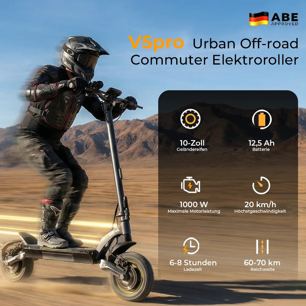 V5Pro Offroad E-Scooter 10 Zoll ABE zertifiziert 500W 48V12.5Ah Geländereifen Dual Federung E-Bremse Voltix APP Deutschland