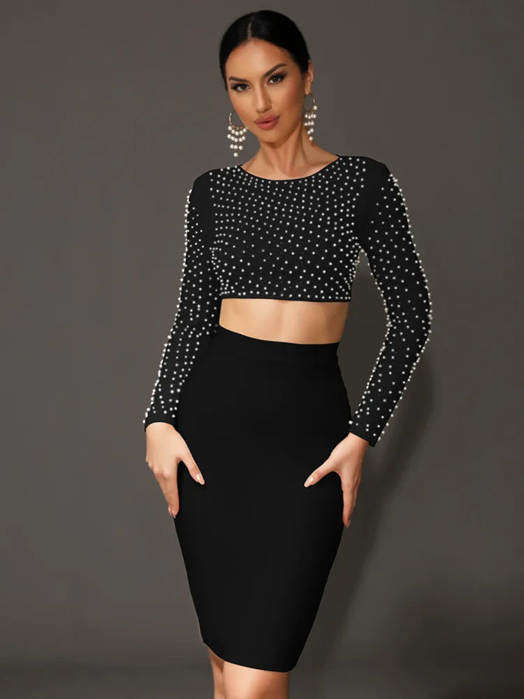 Sexy O-Ausschnitt Langarm Mesh Perlen Beige Schwarz Celebrity Midi Damen Bandagen-Set 2024 Designer Abendparty Damen-Set