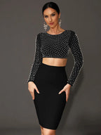 Sexy O-Ausschnitt Langarm Mesh Perlen Beige Schwarz Celebrity Midi Damen Bandagen-Set 2024 Designer Abendparty Damen-Set