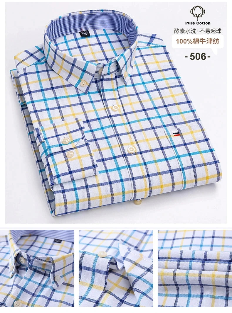 100 % Baumwolle Oxford Herrenhemden Langarm Kariert Weich Regular Fit Festliches Hemd Tasche Sozial Bluse Herrenkleidung S-7XL