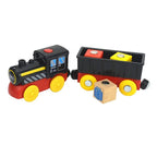 Magnetischer elektrischer Zug Lokomotive Holzeisenbahn Schlitz Diecast Eisenbahn mit zwei Waggons Zug Holz Kinderspielzeug Biro Leduo Strecke