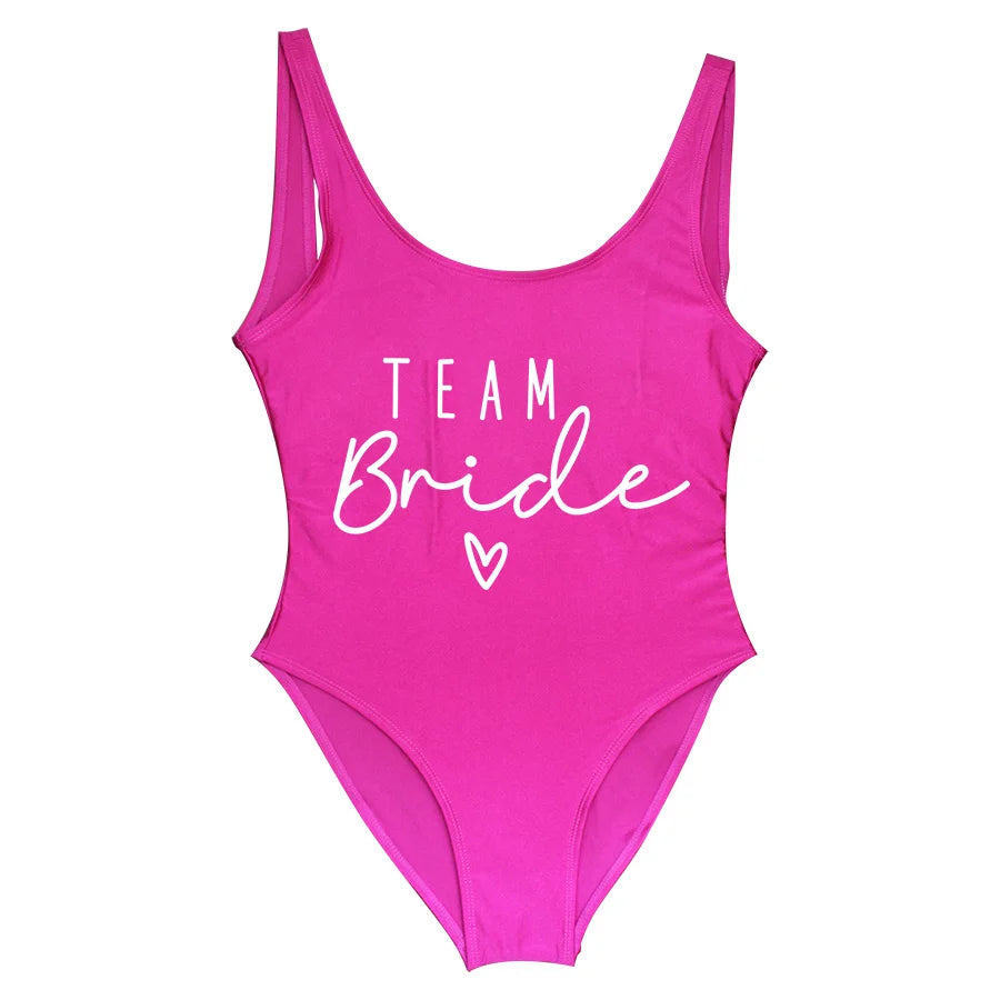 Junggesellinnenabschied Badeanzüge Einteiler Team Braut Bademode Braut zu sein Frau Rosa Bademode Bachelorette Strandmode Badeanzüge
