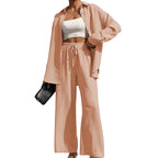 Zweiteiliges Set für Damen: Einfarbiges Hemd mit Knopfleiste und Hose mit weitem Bein und Bindedetail, lässige Bluse mit überschnittenen Schultern und langen Ärmeln & Hose
