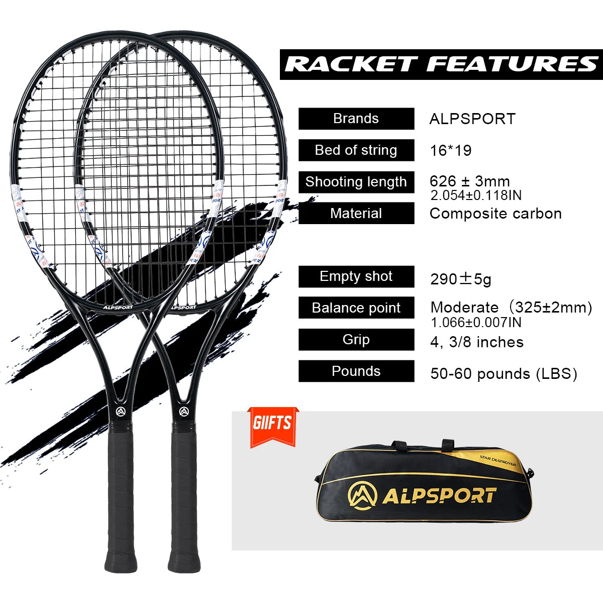 ALPSPORT Carbonfaser Tennisschläger T800 18K – Profi-Qualität mit Tasche & Band, leichter Trainingsschläger für Erwachsene, Herren & Damen