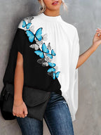 Lässige weite Damenbluse Mode Fledermausärmel Print Rundhals Shirts Top Frühling Sommer Büro Damen Blusen Elegante Oberteile 2024