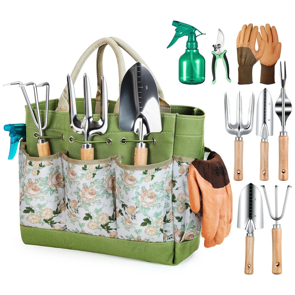 9-teiliges Garten-Jätwerkzeug-Set aus Edelstahl mit Holzgriff, Jäter