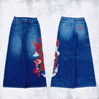 Y2K Black Washed Bestickte High-Waisted Oversized Jeans Herren Europäischer und Amerikanischer Retro Klassiker Lockere Weite Gerader Schnitt Hosen