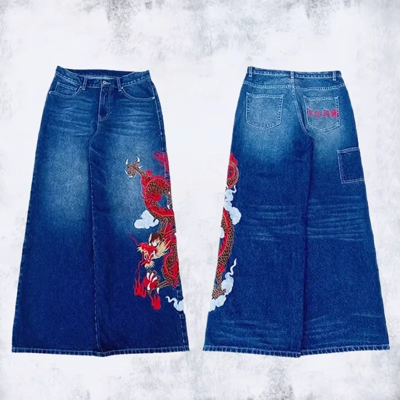 Y2K Black Washed Bestickte High-Waisted Oversized Jeans Herren Europäischer und Amerikanischer Retro Klassiker Lockere Weite Gerader Schnitt Hosen