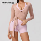 Hearuisavy Summer Women's Yoga Shirt Long Sleeve Sportswear Gym Breathable Quick Dry Sports Top Pilates Dance Ballet Wrap Tops