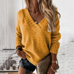Modischer Freizeit-Damenpullover für Herbst und Winter, einfarbig, V-Ausschnitt, Langarm-Pullover, Strickoberteil für den Export