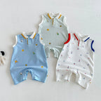2026 Neue Sommer-Babykleidung 0-2 Jahre Cartoon-Print Ärmelloser Polo-Strampler Atmungsaktives Mesh-Gewebe mit Knopfleiste und Druckknopfverschluss