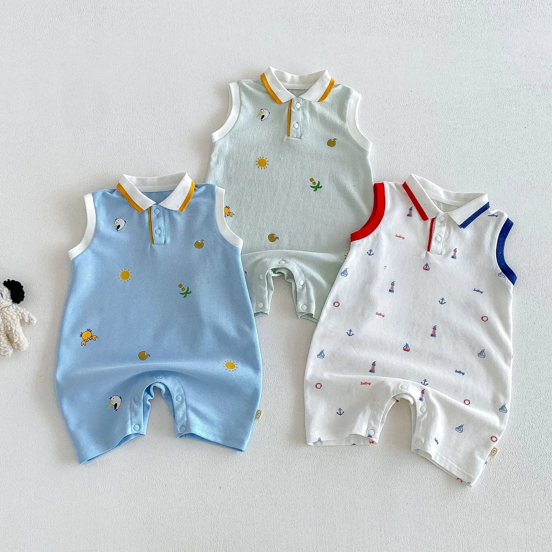 2026 Neue Sommer-Babykleidung 0-2 Jahre Cartoon-Print Ärmelloser Polo-Strampler Atmungsaktives Mesh-Gewebe mit Knopfleiste und Druckknopfverschluss