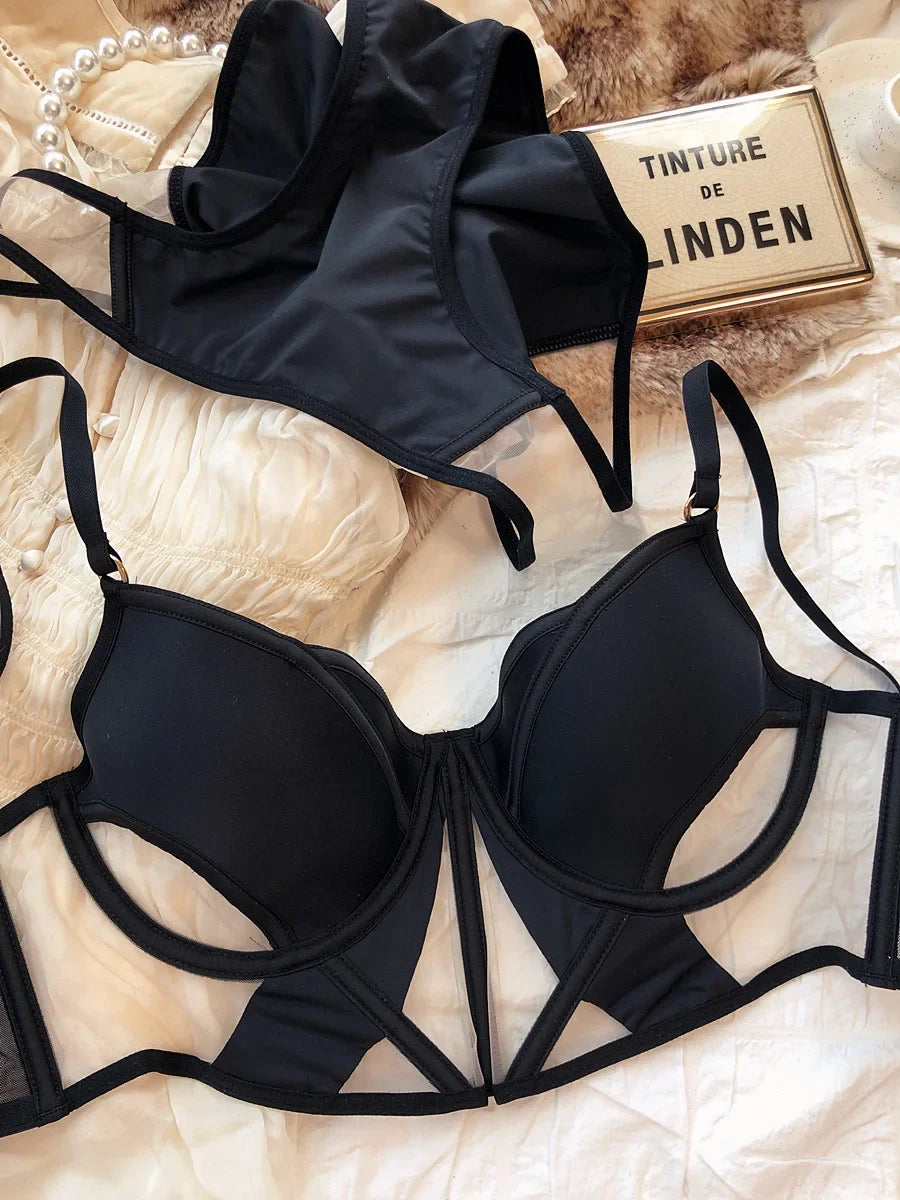 Französische Thin Cup Damen Dessous Set Sexy Hohle Spitze BH Set Sommer Mesh Komfort Atmungsaktive Unterwäsche Fischgrät Tops Intims