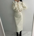Beige Tweed Jacke + High Waisted Röcke Damen Winter Goldener Knopf 2-Teiler Woll Luxus Vintage Röcke Sets Herbst