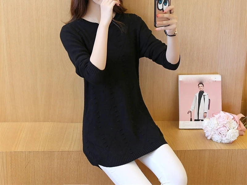 Strickpullover Herbst Winter Oberteile Rundhals Langarm Pullover Legere Warme Damenpullover Midi Lang Schmaler Pullover Mädchen