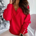 Frühling Herbst Damen Reiner Weicher Langarmpullover V-Ausschnitt Mode Jumper Büro Dame Knopf Lockerer Freizeit Pullover Oberteil Pullover