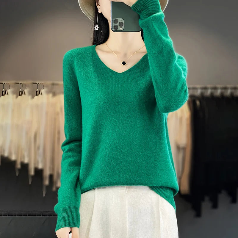 Damen 100% Merinowolle Pullover V-Ausschnitt Basic Pulli Herbst Winter Kaschmir Kleidung Langarm Weiche Strickware Oberteile Unifarben