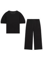 HH Damen Elegantes Beiges Set, Rundhals-T-Shirt, Einfarbiges Puffärmel-Oberteil, Lässige Weite Hosen, High Street Chic Outfit